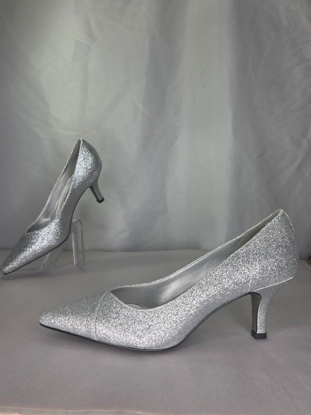 Easy Street Chiffon Pointed-Toe Pumps - Silver Glitter, Size: 7.5 M